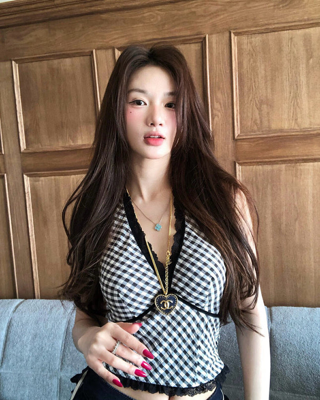 WGWE Halter Plaid Lace Patchwork Crop Top