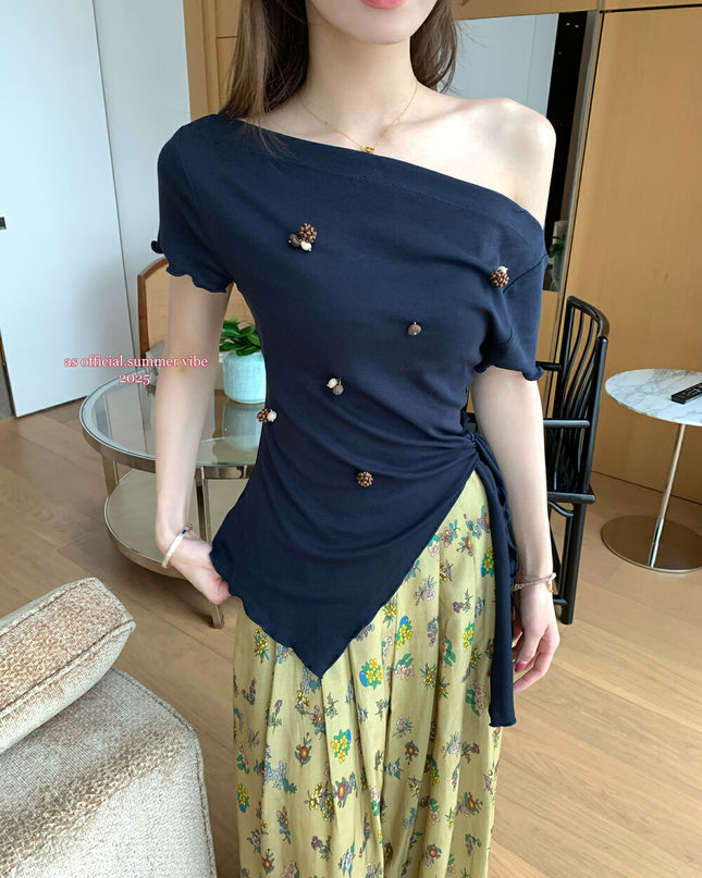 AS OFFICIAL Soft Sexy One-Shoulder Waist-Tie Top
