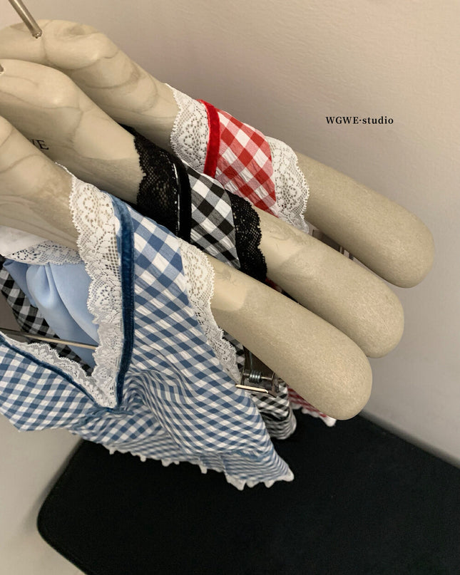 WGWE Halter Plaid Lace Patchwork Crop Top
