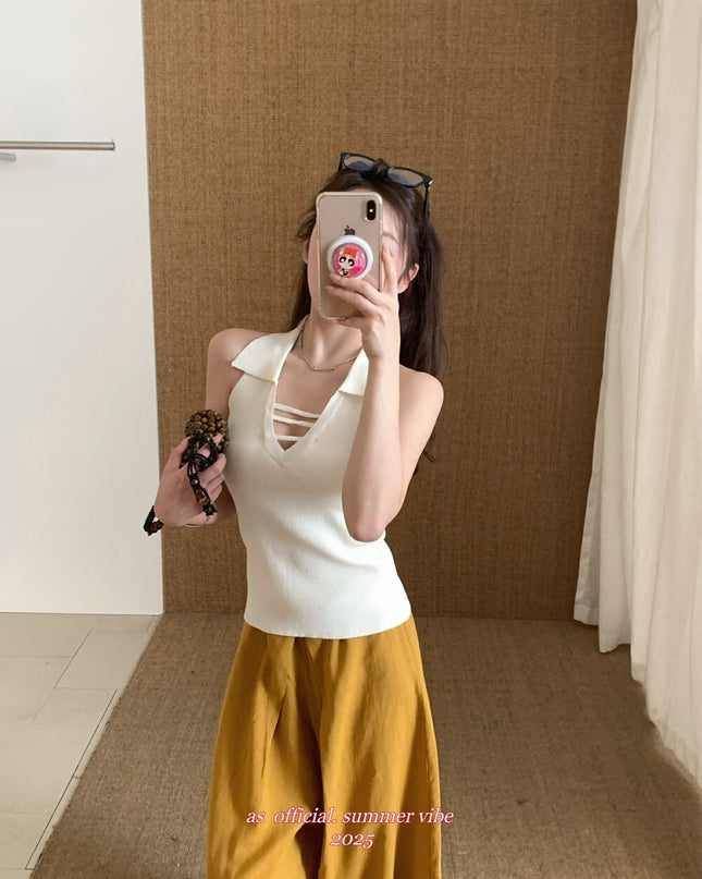 AS OFFICIAL Knit Collared Halter Tank Top
