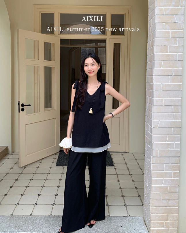 AIXILI Sleeveless Tie Top with Chiffon Hem & Wide-Leg Pants Set