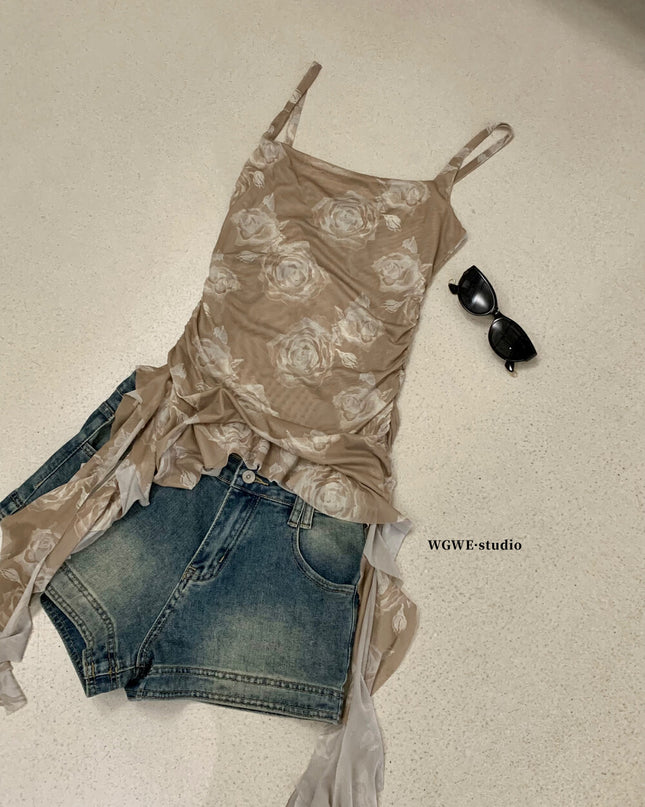 WGWE Asymmetric Camouflage Tie-Strap Crop Top