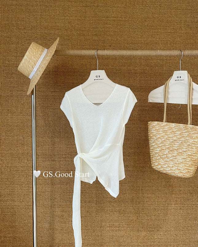 GS.GOOD START V Neck Slim Fit Knitted Short Sleeve Top