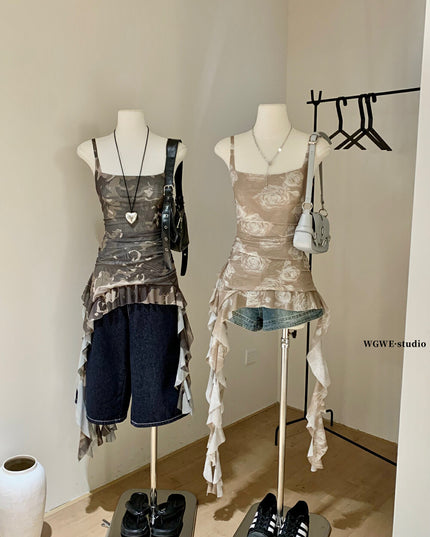 WGWE Asymmetric Camouflage Tie-Strap Crop Top
