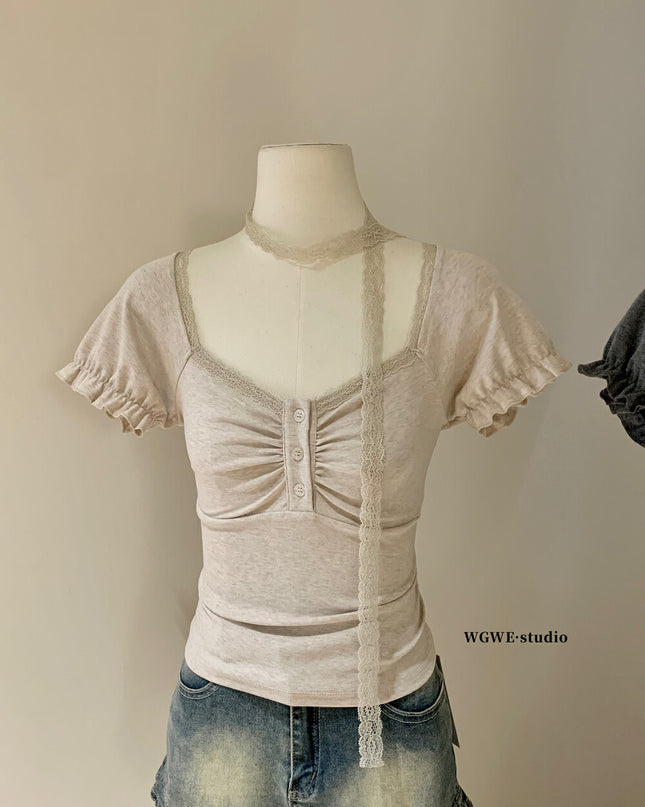 WGWE Balletcore Lace-Trim Fitted Tee