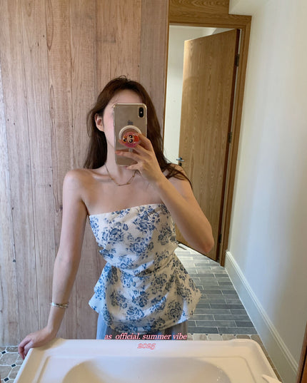 AS OFFICIAL Ruched Floral Strapless Vacation Top