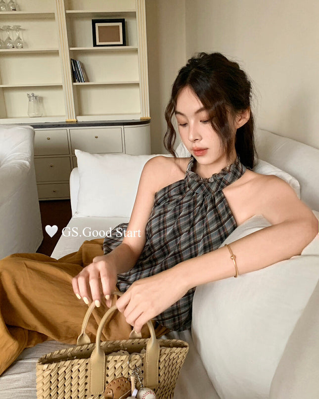 GS.GOOD START Korean Sweet Plaid Bubble Hem Tank Top