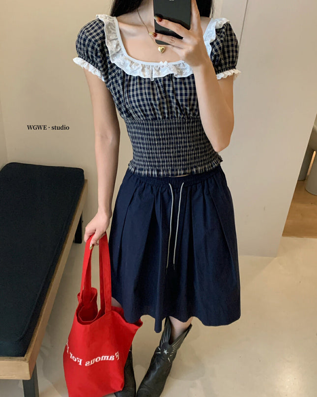 WGWE Lace-Trimmed French Style Checkered Top