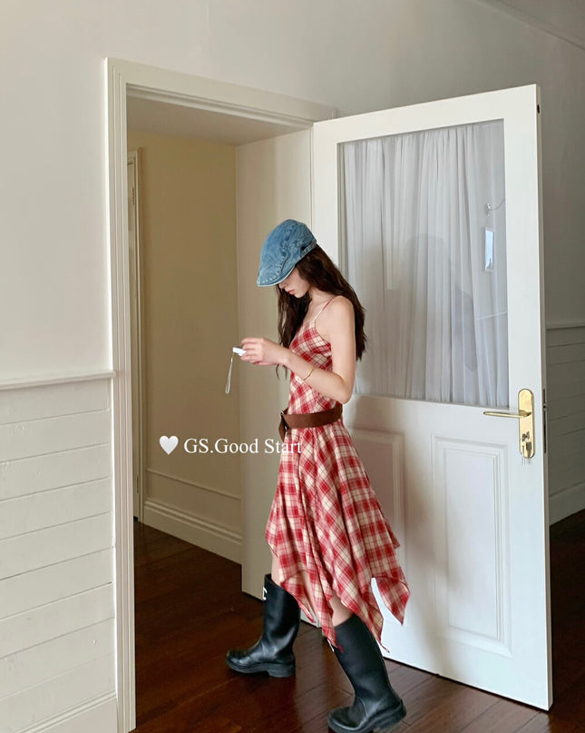 GS.GOOD START Asymmetric Plaid Cami Dress (No Belt)