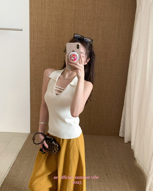 AS OFFICIAL Knit Collared Halter Tank Top