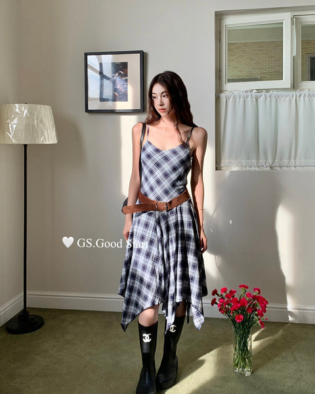 GS.GOOD START Asymmetric Plaid Cami Dress (No Belt)