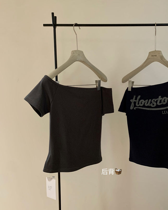 WG.WE Off-Shoulder Letter Print Slim Fit Tee