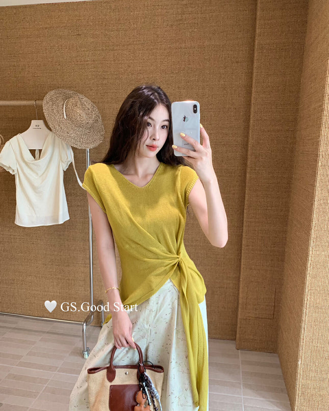 GS.GOOD START V Neck Slim Fit Knitted Short Sleeve Top