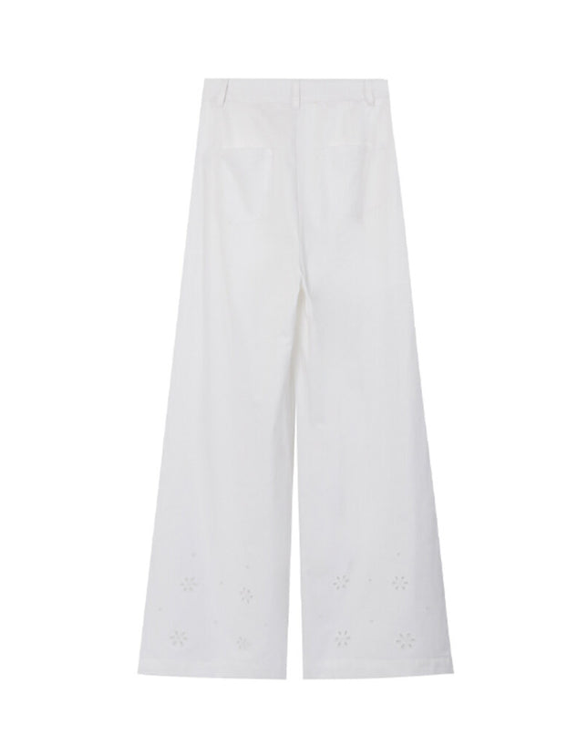 AIXILI Embroidered Eyelet Tencel Cotton Wide-Leg Pants