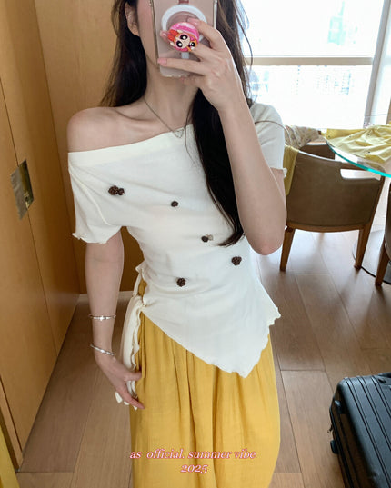 AS OFFICIAL Soft Sexy One-Shoulder Waist-Tie Top