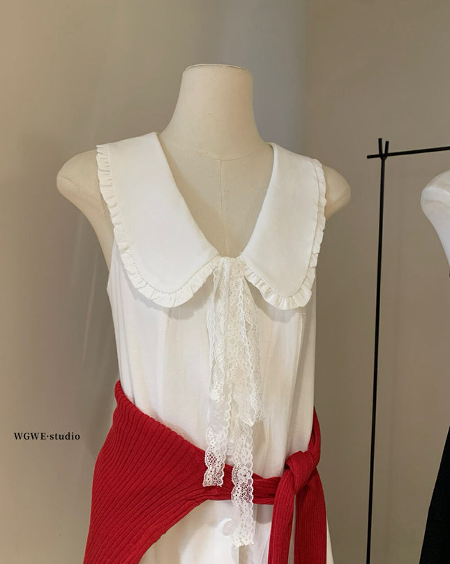 WGWE French Lace Collar Fitted Sleeveless Dress