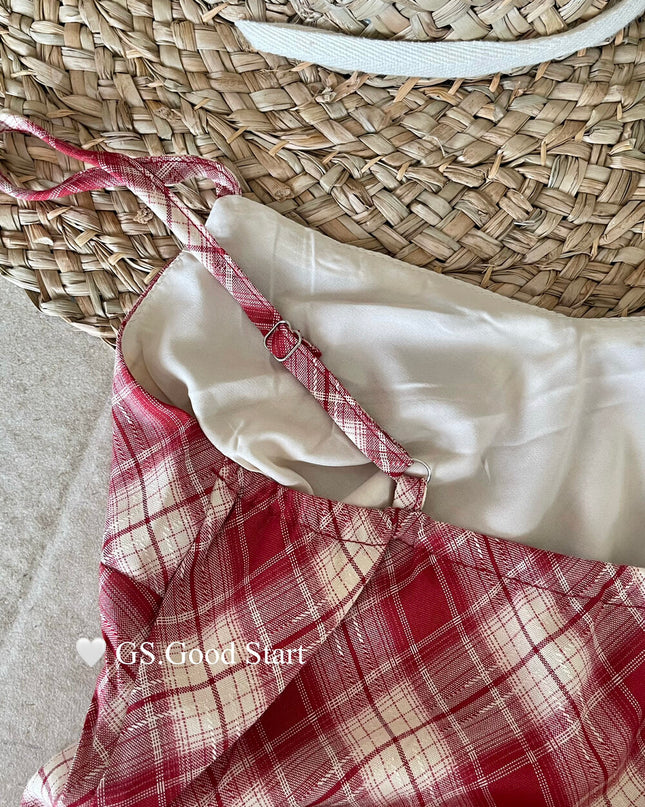 GS.GOOD START Asymmetric Plaid Cami Dress (No Belt)