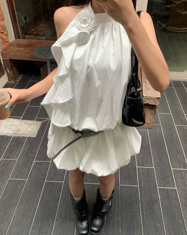 WGWE 3D Floral Halter A-Line Mini Dress