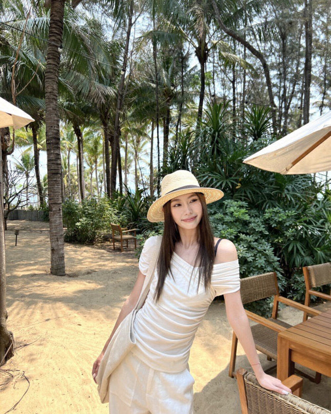 WG.WE Asymmetrical Ruched Slim-Fit Off-Shoulder Top