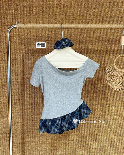 GS.GOOD START Asymmetrical Plaid Patchwork Top with Detachable Hair Tie