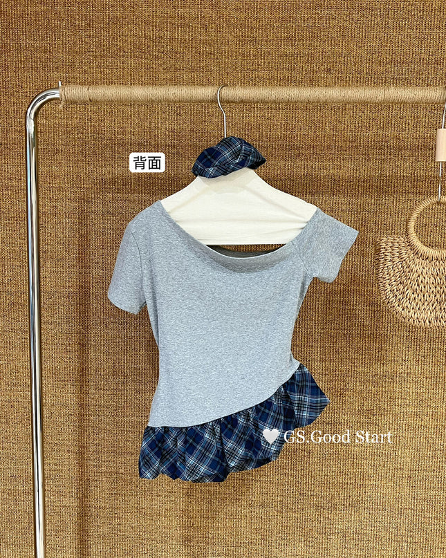 GS.GOOD START Asymmetrical Plaid Patchwork Top with Detachable Hair Tie