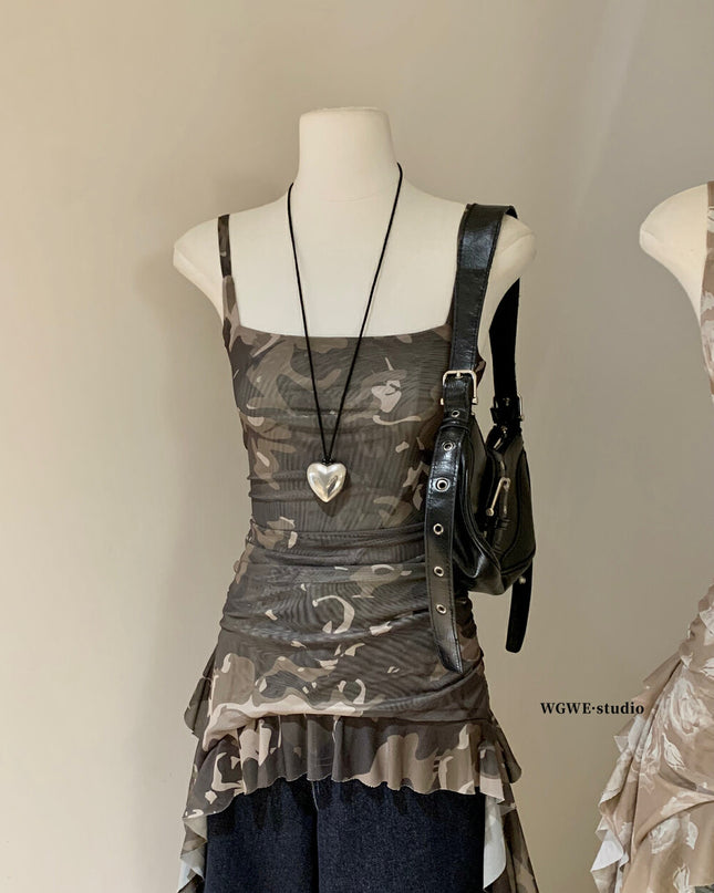 WGWE Asymmetric Camouflage Tie-Strap Crop Top