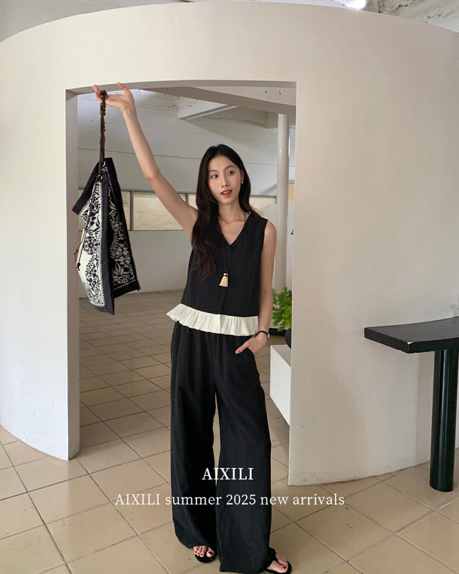 AIXILI Lace Trim Button-Front Vest & Wide-Leg Pants Set