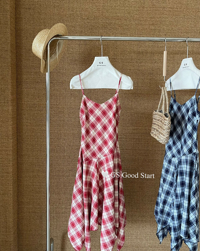 GS.GOOD START Asymmetric Plaid Cami Dress (No Belt)