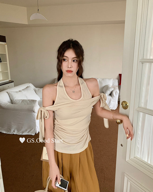 GS.GOOD START Off Shoulder Layered Tie-Strap Top