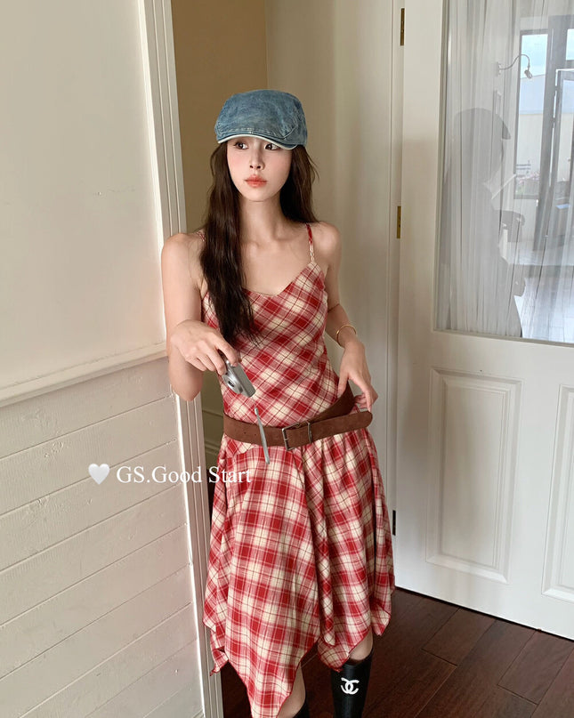 GS.GOOD START Asymmetric Plaid Cami Dress (No Belt)
