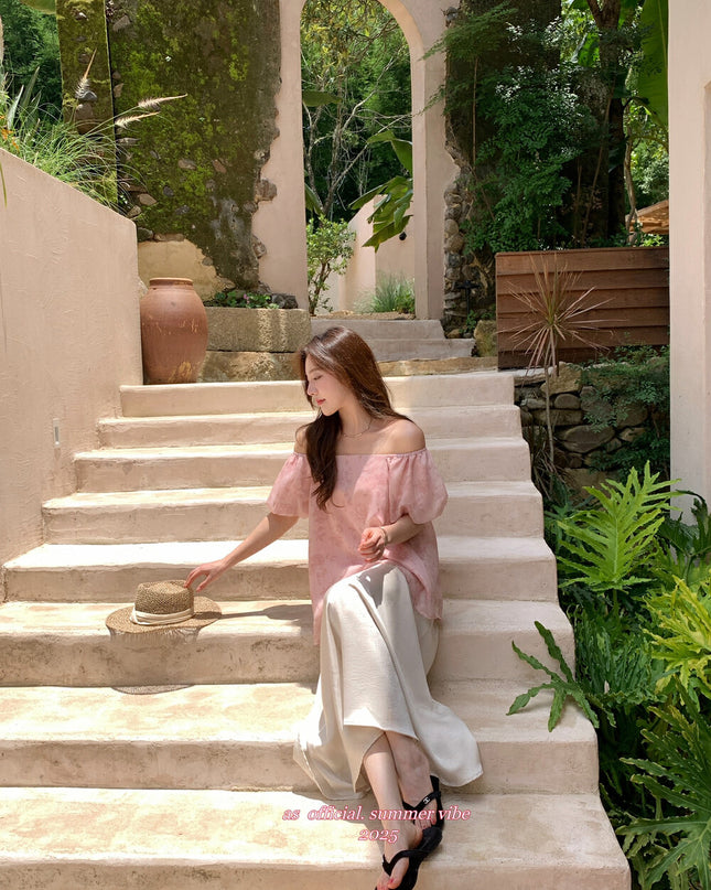 AS OFFICIAL Jacquard Puff Sleeve Two-Way Off Shoulder Top