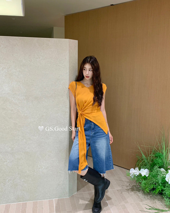 GS.GOOD START V Neck Slim Fit Knitted Short Sleeve Top