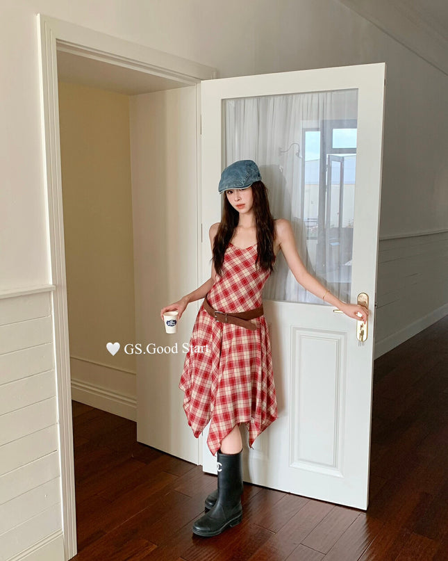 GS.GOOD START Asymmetric Plaid Cami Dress (No Belt)