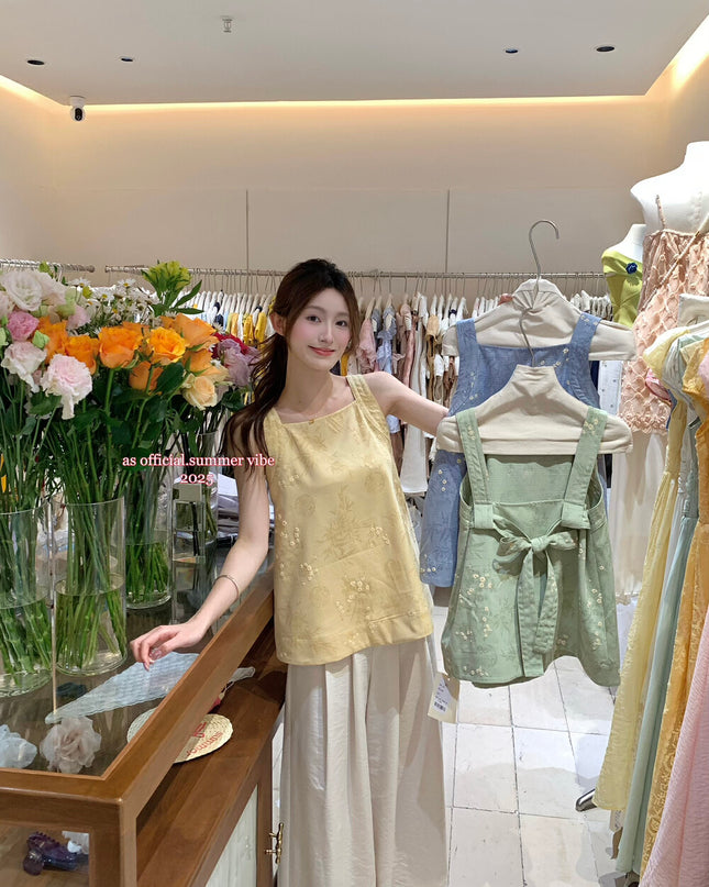 AS OFFICIAL Embroidered Back Tie Floral Top