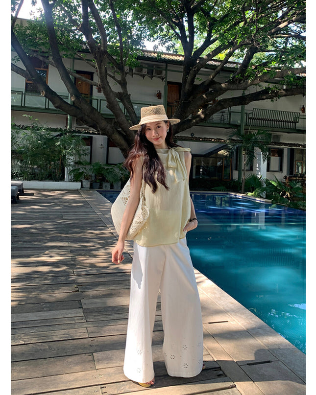 AIXILI Embroidered Eyelet Tencel Cotton Wide-Leg Pants