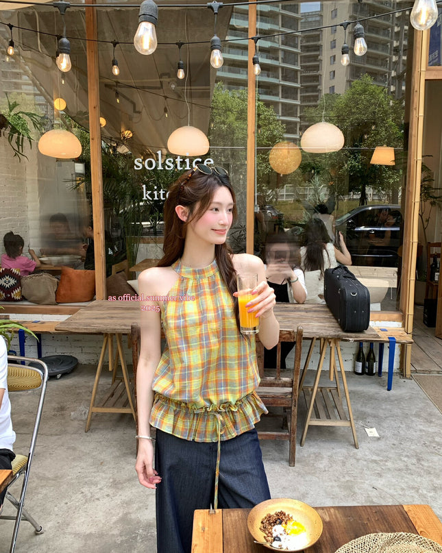 AS OFFICIAL Plaid Ruffle Hem Tie-Front Vest Top