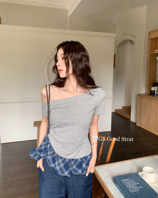 GS.GOOD START Asymmetrical Plaid Patchwork Top with Detachable Hair Tie
