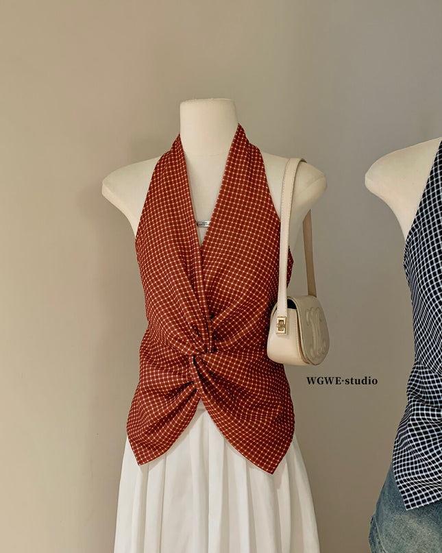 WG.WE Plaid Halter Twist Crop Top