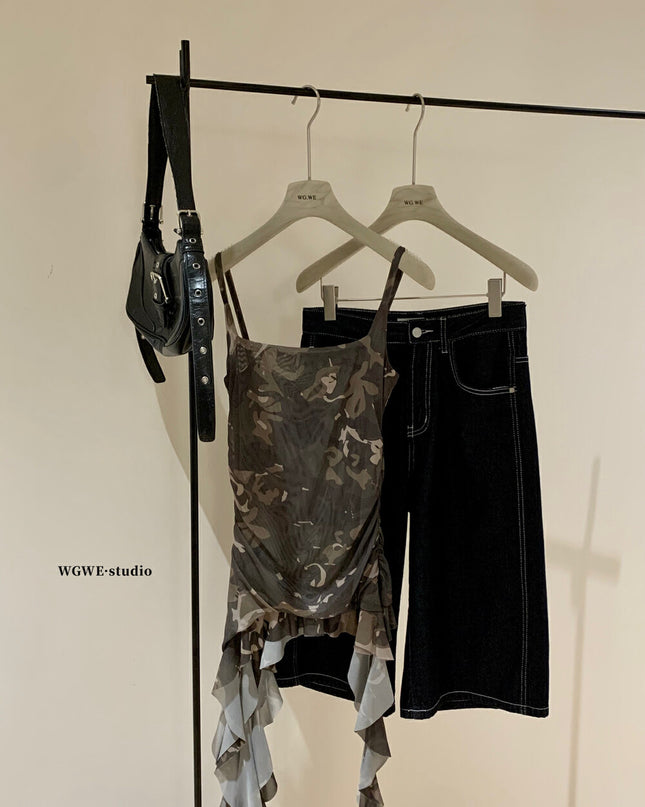 WGWE Asymmetric Camouflage Tie-Strap Crop Top