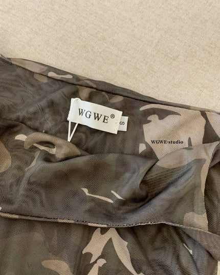 WGWE Asymmetric Camouflage Tie-Strap Crop Top