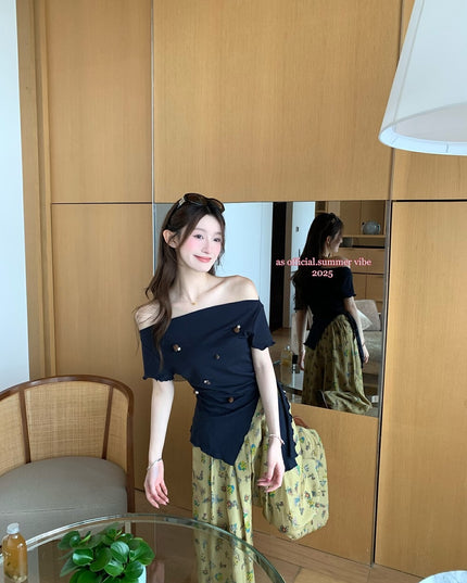 AS OFFICIAL Soft Sexy One-Shoulder Waist-Tie Top