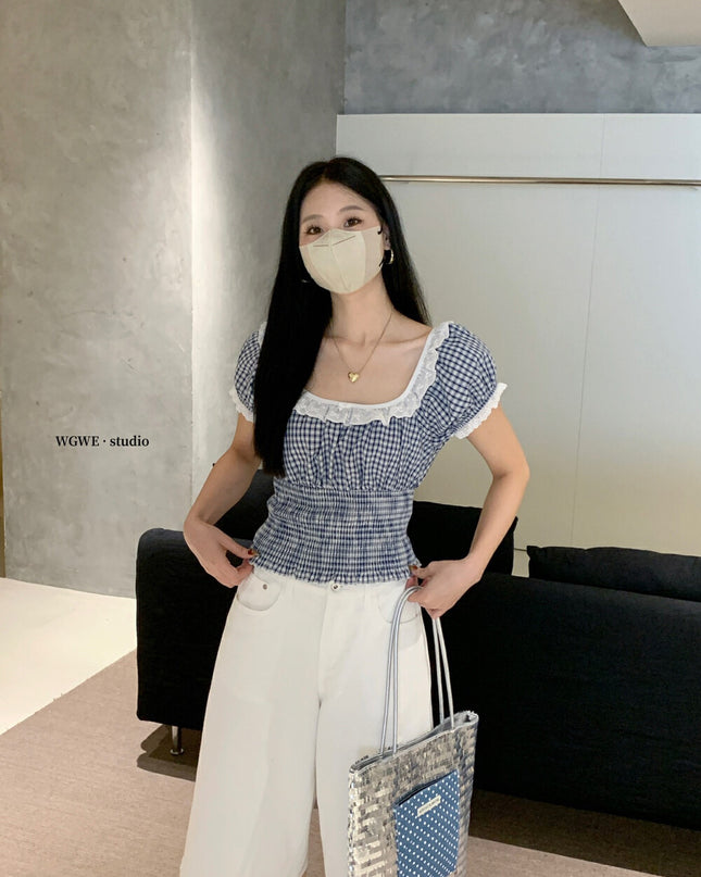 WGWE Lace-Trimmed French Style Checkered Top