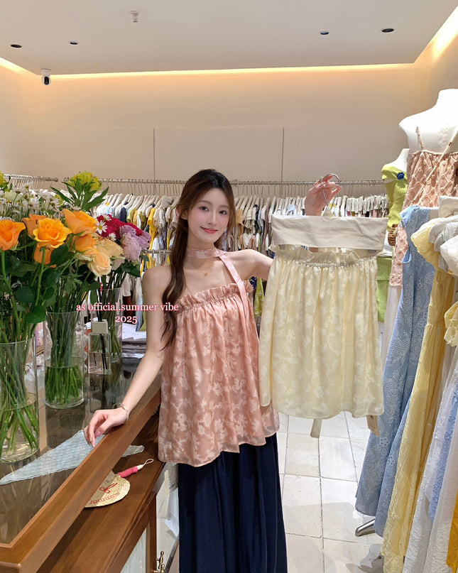 AS OFFICIAL Floral Jacquard Strapless Top with Ribbon