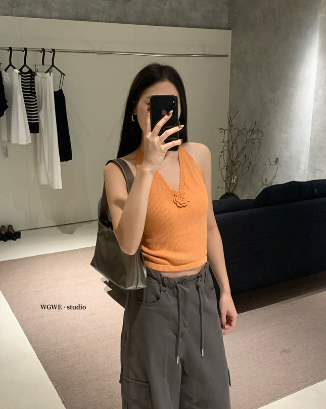 WGWE Halter Floral Knit Crop Top