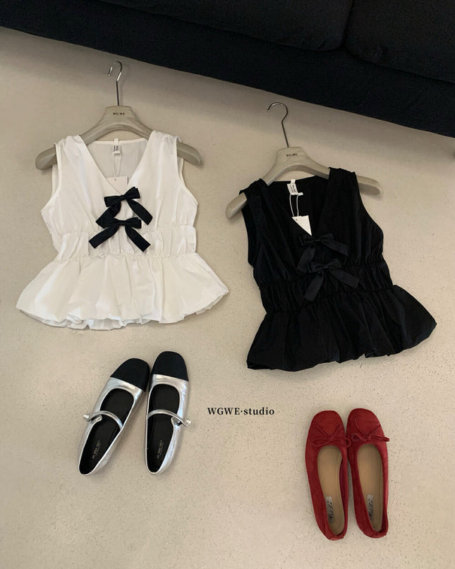 WG.WE French Cute Bow V-Neck Sleeveless Blouse