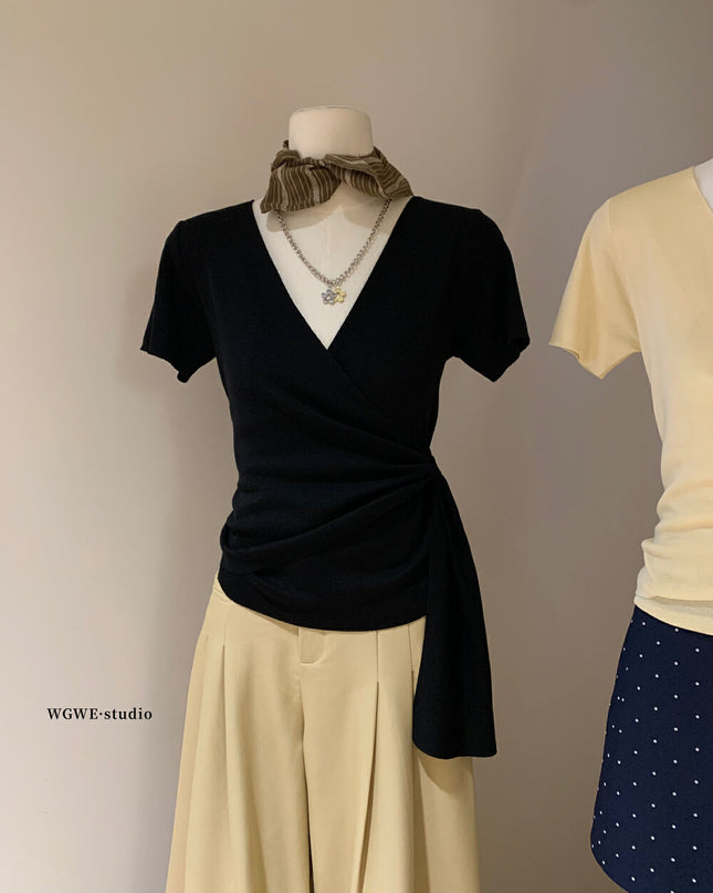 WGWE Korean Style V-Neck Cross Tie Short Sleeve Knit Top
