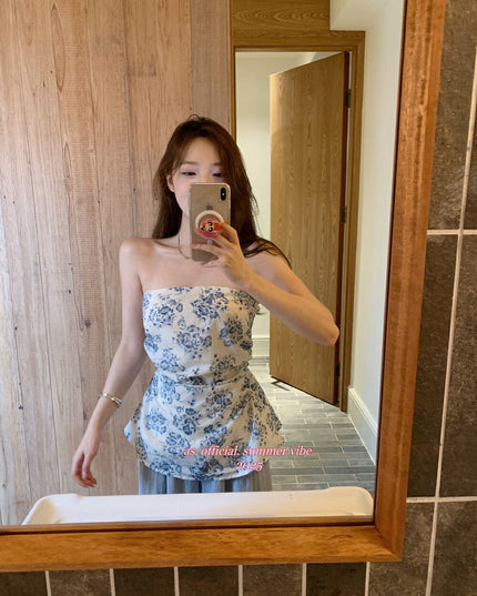 AS OFFICIAL Ruched Floral Strapless Vacation Top