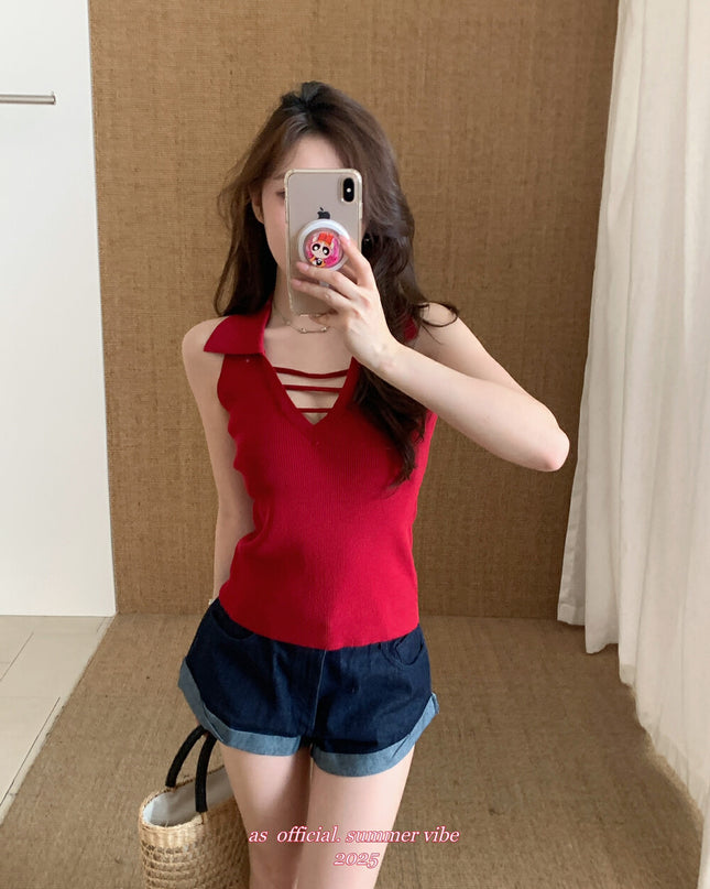 AS OFFICIAL Knit Collared Halter Tank Top