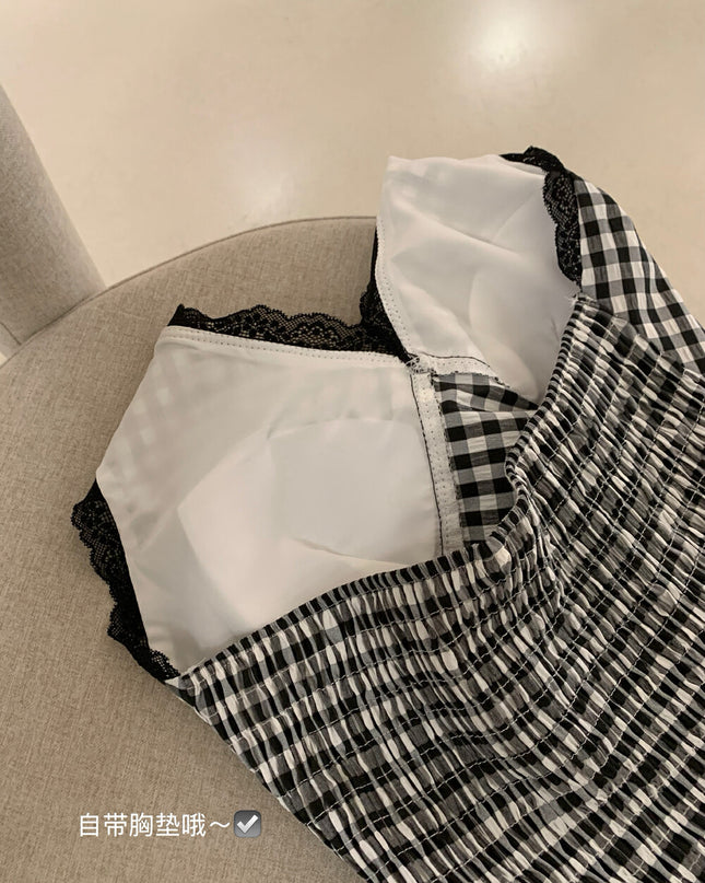 WGWE Halter Plaid Lace Patchwork Crop Top