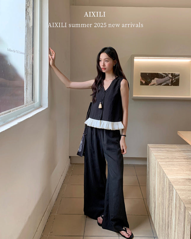 AIXILI Lace Trim Button-Front Vest & Wide-Leg Pants Set